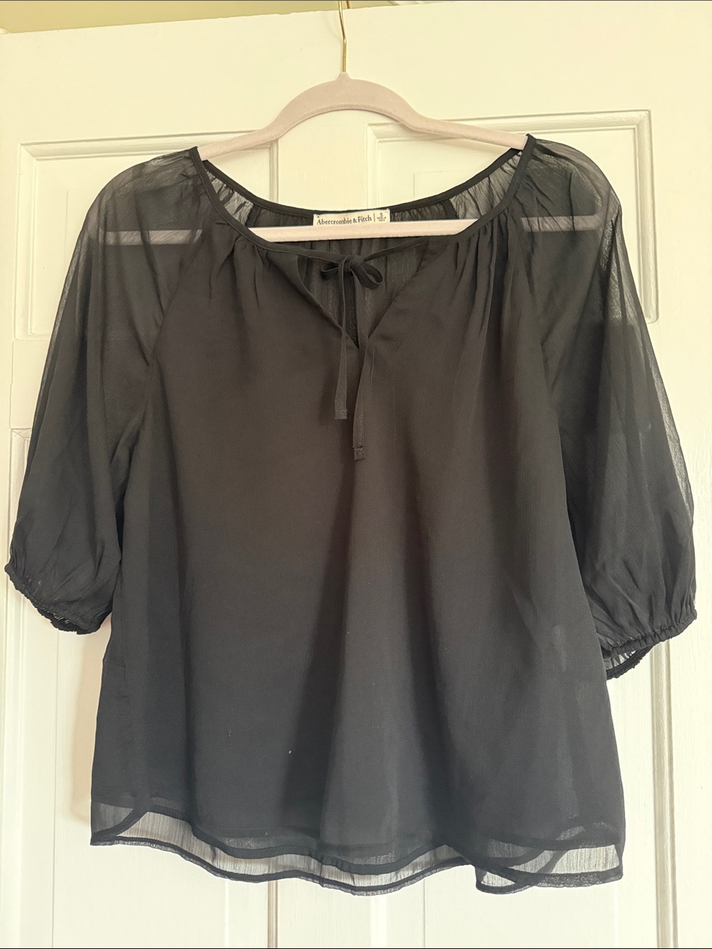 Abercrombie & Fitch Black Sheer Tie-Neck Peasant Top